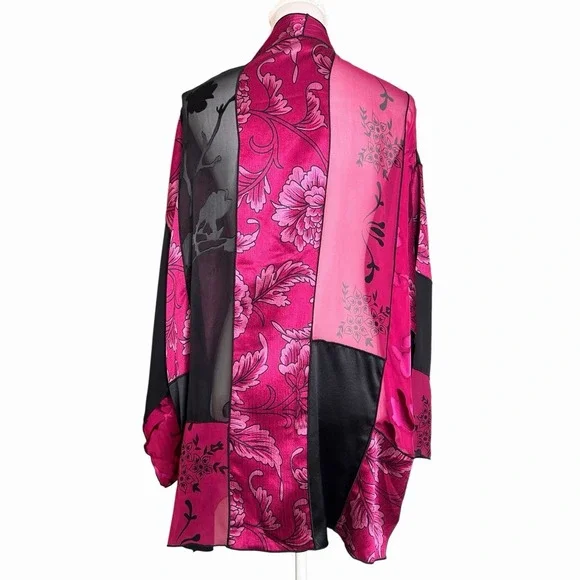 Units Vintage Silk Blend Kimono 1X Pink Black Floral Open Jacket Whimsigoth - Picture 5 of 10